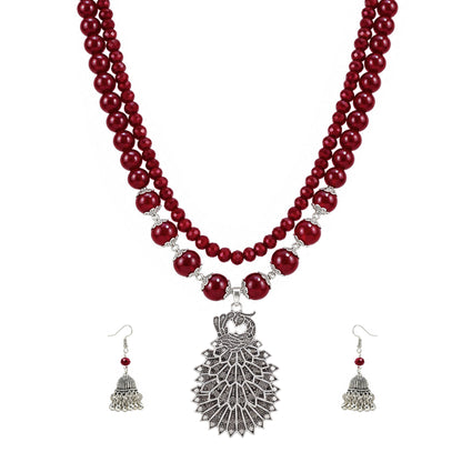JFL - Jewellery for Less Maroon Beaded Double Layer Necklace Set with Oxidized Peacock Pendant & Matching Jhumkas with Bracelet – Ethnic Jewellery Set for Women