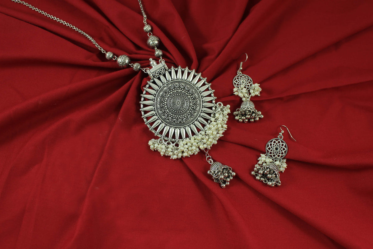 JFL‑Jewellery for Less Oxidised Silver Jewellery Set–Necklace,Earrings with Intricate Circular Pendant and White Bead Fringe, Matching Danglers-For Women & Girls–Navratri,Garba