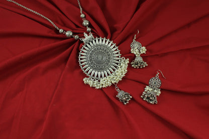 JFL‑Jewellery for Less Oxidised Silver Jewellery Set–Necklace,Earrings with Intricate Circular Pendant and White Bead Fringe, Matching Danglers-For Women & Girls–Navratri,Garba