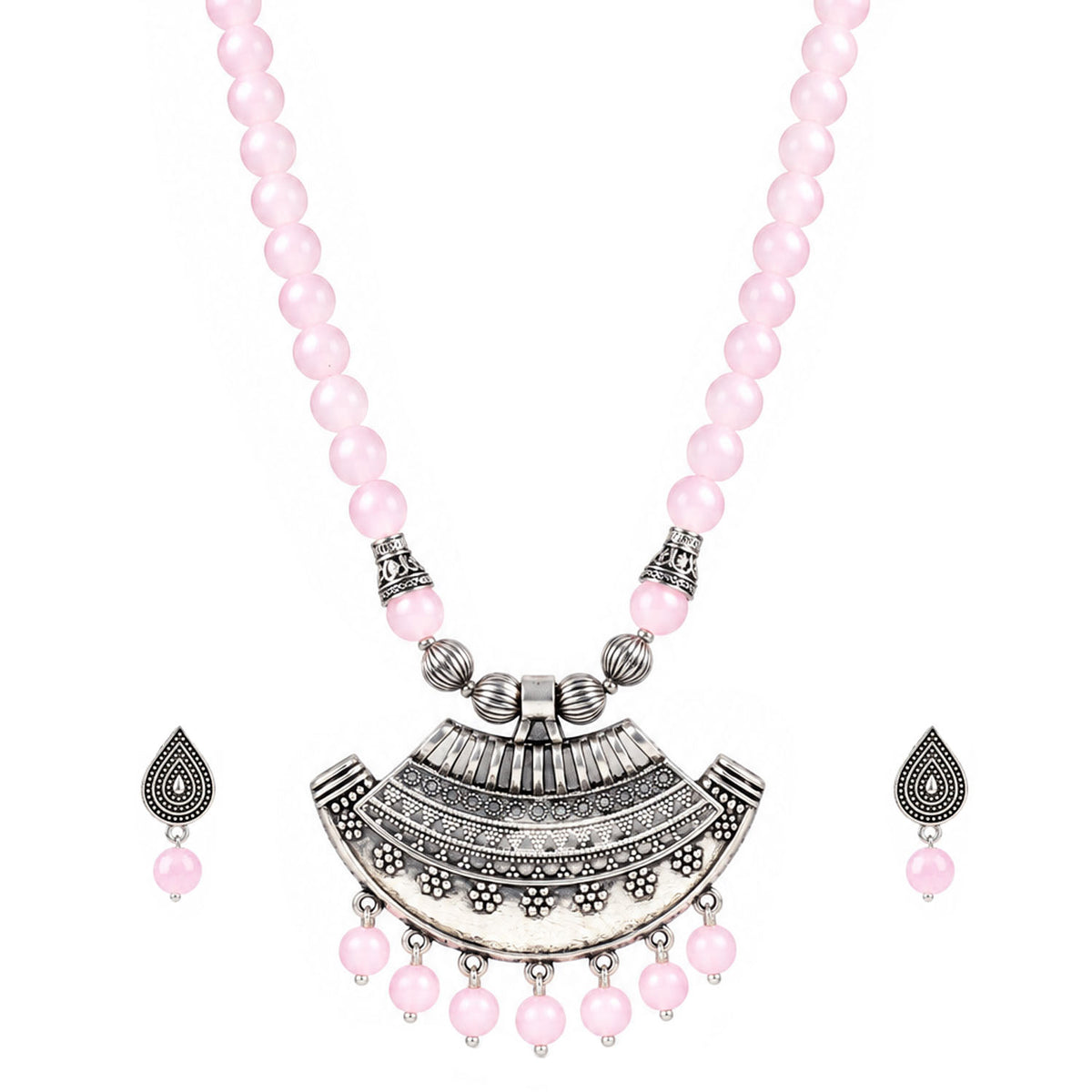 Oxidized German Silver Half Moon Pendant Necklace with Baby Pink Beads and Matching Earrings & Bracelet – Navratri Special Traditional Jewellery Set for Women