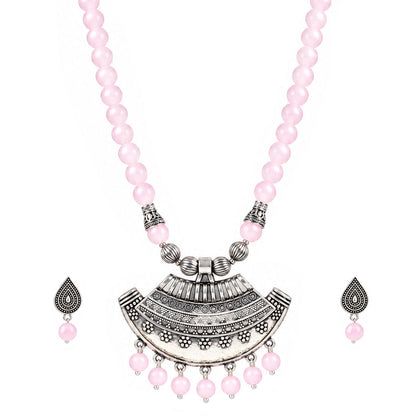Oxidized German Silver Half Moon Pendant Necklace with Baby Pink Beads and Matching Earrings & Bracelet – Navratri Special Traditional Jewellery Set for Women