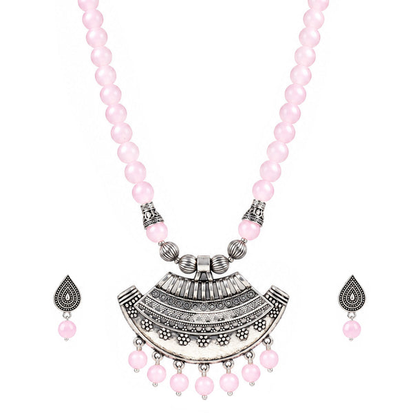 Oxidized German Silver Half Moon Pendant Necklace with Baby Pink Beads and Matching Earrings & Bracelet – Navratri Special Traditional Jewellery Set for Women