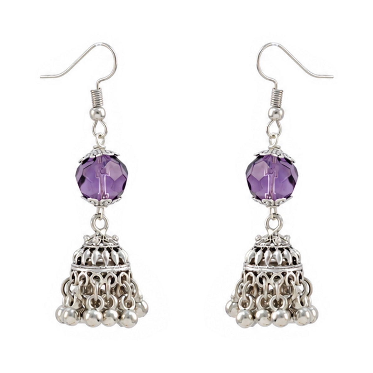 JFL - Jewellery for Less Oxidized Silver Lakshmi Pendant Beaded Necklace Earrings with Bracelet Set – Purple Lavender Peach Crystal Beads Jhumka Earring Jewellery Set for Women & Girls