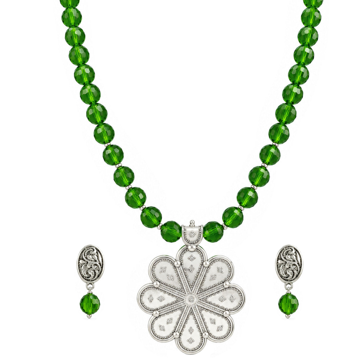 JFL - Jewellery for Less Oxidized Silver Floral Pendant Green Beaded Necklace Earrings Set for Women – Navratri Special Traditional Jewellery Set
