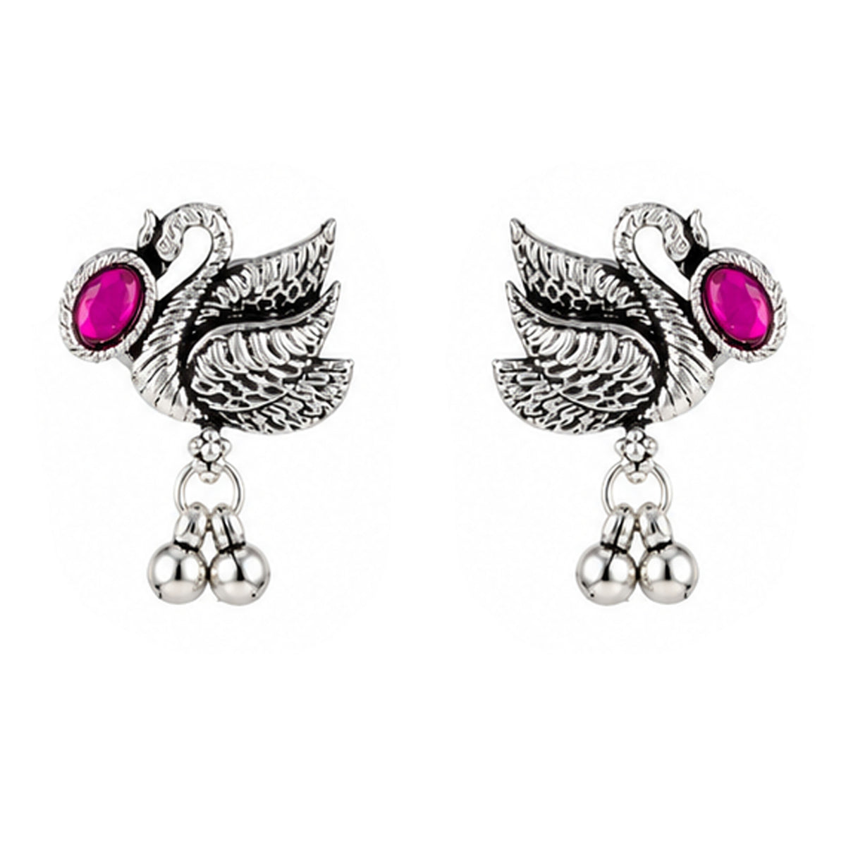 JFL - Jewellery for Less Oxidized German Silver Swan Necklace Set with Earrings and Bracelet – Colorful Stone Choker Jewellery Set for Women & Girls, Traditional Ethnic Antique Silver Combo