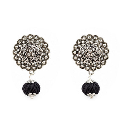 Oxidized German Silver Beaded Necklace with Black Thread Ball Danglers & Earrings Set – Ethnic Wire Collar Jewellery Set for Women, Navratri Special