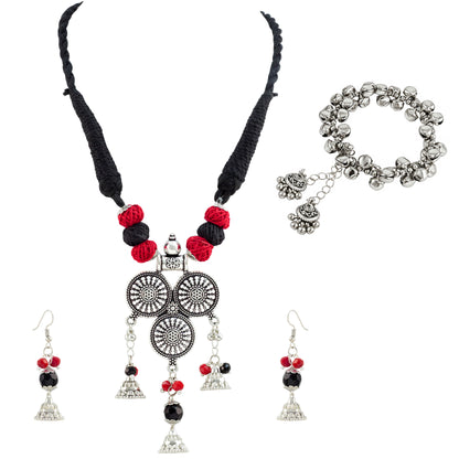 JFL - Jewellery for Less Oxidized Silver Afghani Necklace Set with Red & Black Thread Beads – Tribal Boho Jhumka Earrings with Bracelet – Navratri Traditional Jewellery for Women & Girls