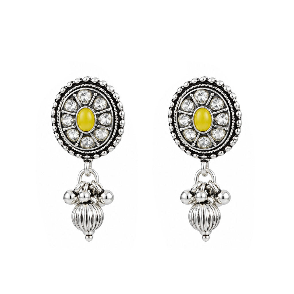 JFL - Jewellery for Less Oxidized German Silver Necklace Set with Earrings – Round Motif Multicolor Stone Choker Jewellery Set for Women & Girls, Traditional Ethnic Antique Silver Combo