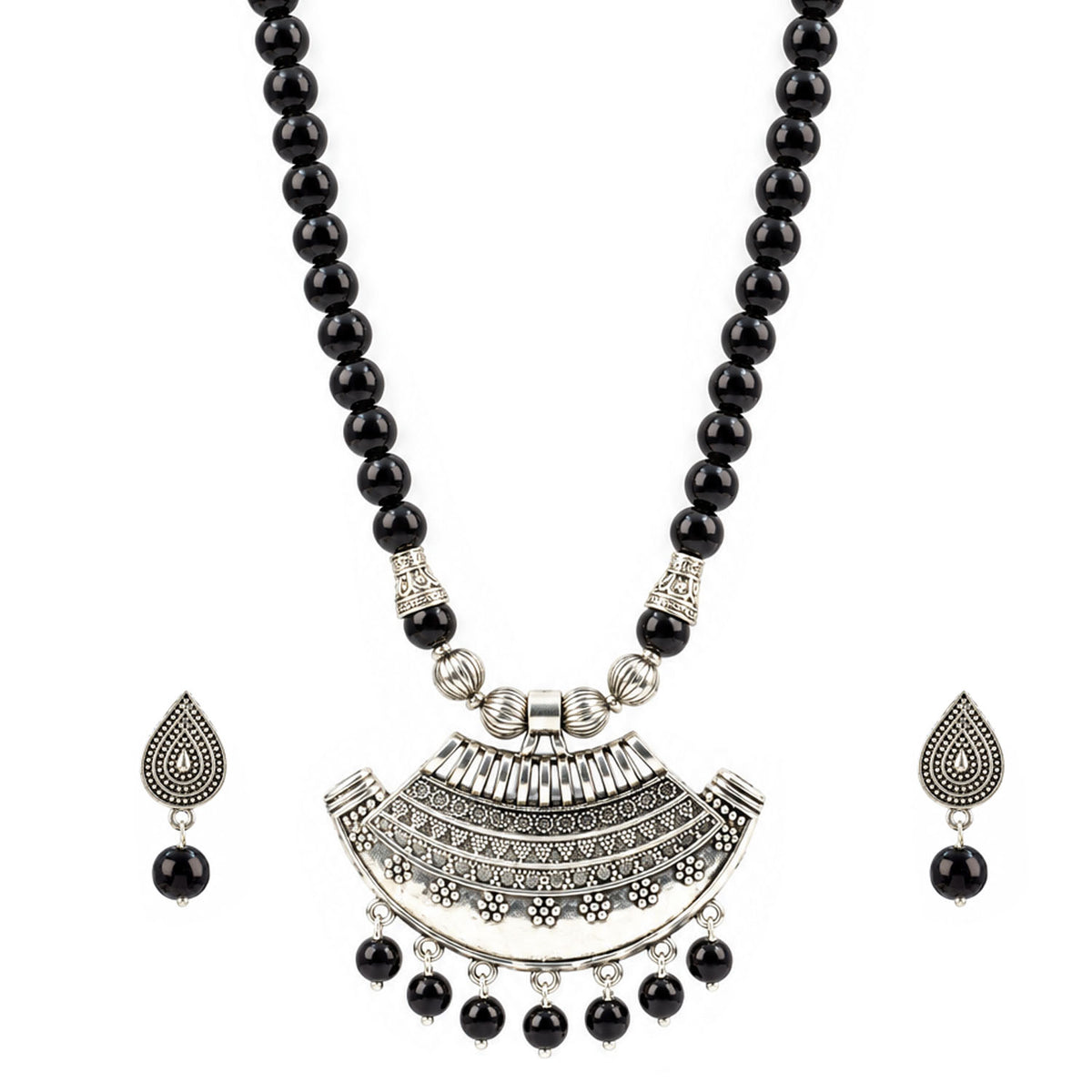 Oxidized German Silver Half Moon Pendant Necklace with Black Beads and Matching Earrings & Bracelet – Navratri Special Traditional Jewellery Set for Women