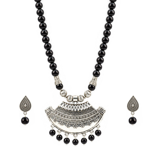 Oxidized German Silver Half Moon Pendant Necklace with Black Beads and Matching Earrings & Bracelet – Navratri Special Traditional Jewellery Set for Women