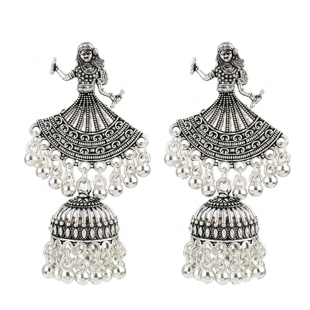 Oxidized Silver-Toned Dancing Lady Jhumki Earrings – Antique Finish Garba Dandiya Earrings with Ghungroo Drops for Women & Girls | Navratri Special