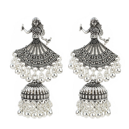 Oxidized Silver-Toned Dancing Lady Jhumki Earrings – Antique Finish Garba Dandiya Earrings with Ghungroo Drops for Women & Girls | Navratri Special