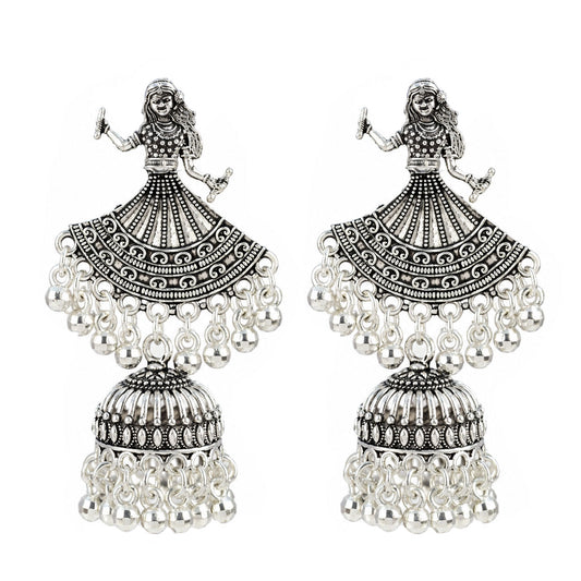 Oxidized Silver-Toned Dancing Lady Jhumki Earrings – Antique Finish Garba Dandiya Earrings with Ghungroo Drops for Women & Girls | Navratri Special