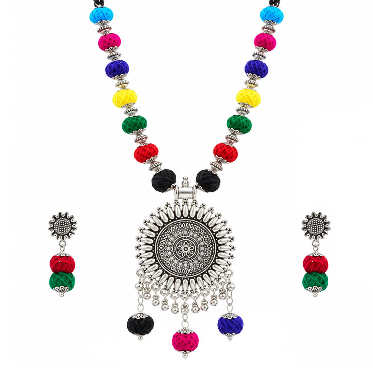 JFL - Jewellery for Less Oxidized German Silver Sun Pendant Multicolor Thread Beads Necklace and Earrings with Bracelet Set for Women | Handmade Cotton Thread Jewellery with Adjustable Black Dori | Navratri Special Tribal Jewellery