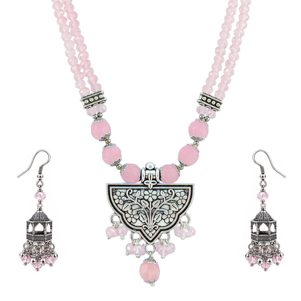 JFL - Jewellery for Less Navratri Necklace Set with Bracelet for Women | German Silver Oxidised Jewellery | Floral Pendant with Blush Pink Beads & Sunflower Earrings | Traditional Ethnic Necklace Set for Garba, Dandiya & Festive