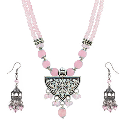 JFL - Jewellery for Less Navratri Necklace Set with Bracelet for Women | German Silver Oxidised Jewellery | Floral Pendant with Blush Pink Beads & Sunflower Earrings | Traditional Ethnic Necklace Set for Garba, Dandiya & Festive