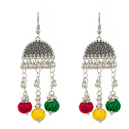 Oxidized German Silver Green Yellow Red Thread Ball Necklace with Earrings – Ethnic Wire Collar Jewellery Set for Women, Navratri Special