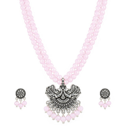 JFL - Jewellery for Less Oxidized German Silver Pink Beads Double Strand Peacock Pendant Necklace with Earrings Set for Women | Antique Silver Design Jewellery Set | Navratri Special Traditional Jewellery