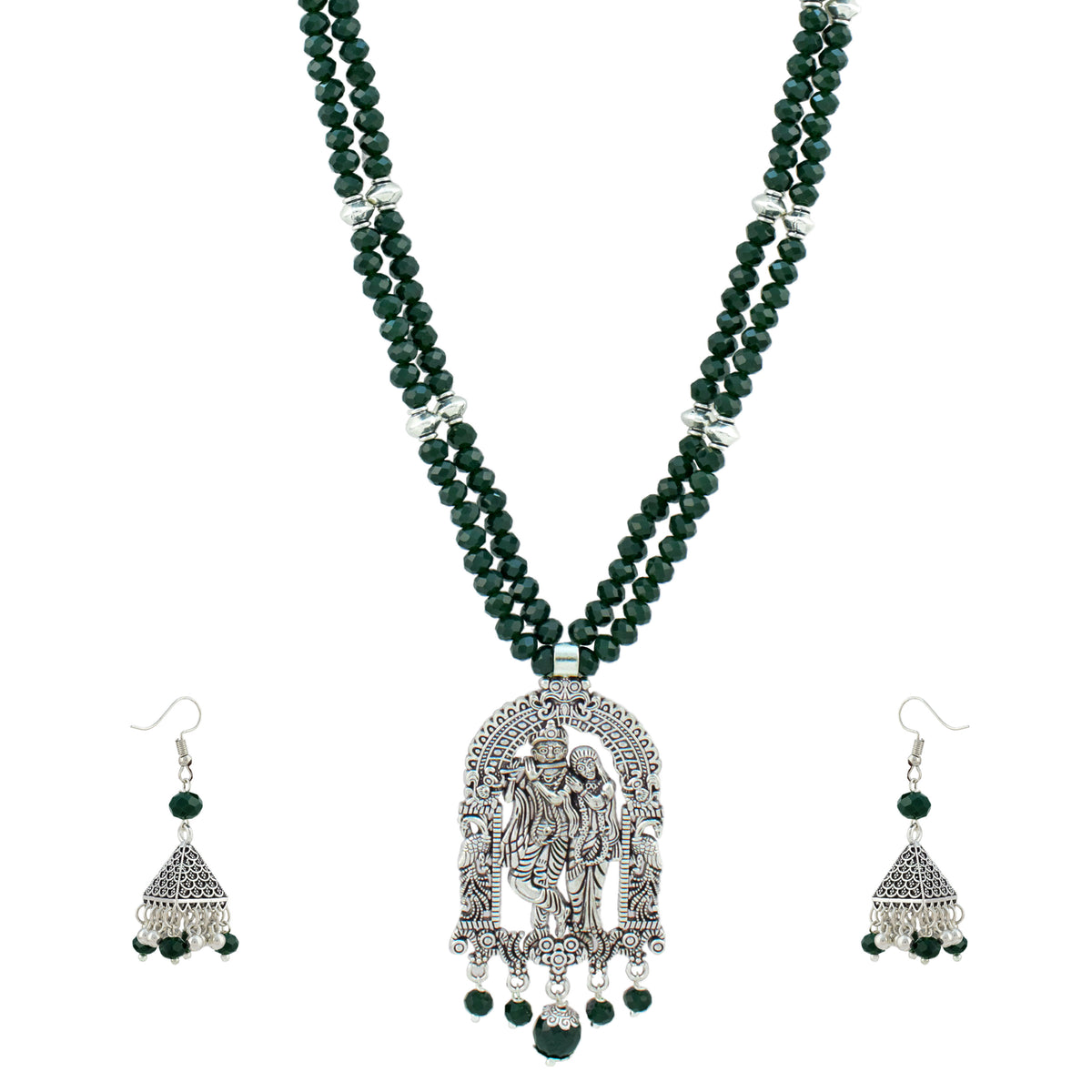 JFL - Jewellery for Less Oxidized German Silver Radha Krishna Pendant Necklace Set with Jhumka Earrings for Women | Dark Green Beaded Traditional Ethnic Jewellery Set | Navratri Festive