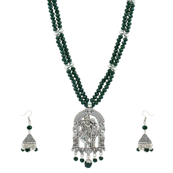 JFL - Jewellery for Less Oxidized German Silver Radha Krishna Pendant Necklace Set with Jhumka Earrings for Women | Dark Green Beaded Traditional Ethnic Jewellery Set | Navratri Festive