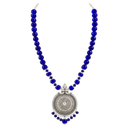 JFL - Jewellery for Less Oxidized German Silver Round Pendant Royal Blue Beads Necklace and Earrings with Bracelet Set for Women | Antique Silver Filigree Design Jewellery Set | Navratri Special Traditional Jewellery
