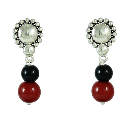 JFL – Jewellery for Less"Oxidised Silver Pendant Set with Maroon-Black Beads | Traditional Necklace & Jhumka Earrings Combo for Women & Girls | Navratri, Garba