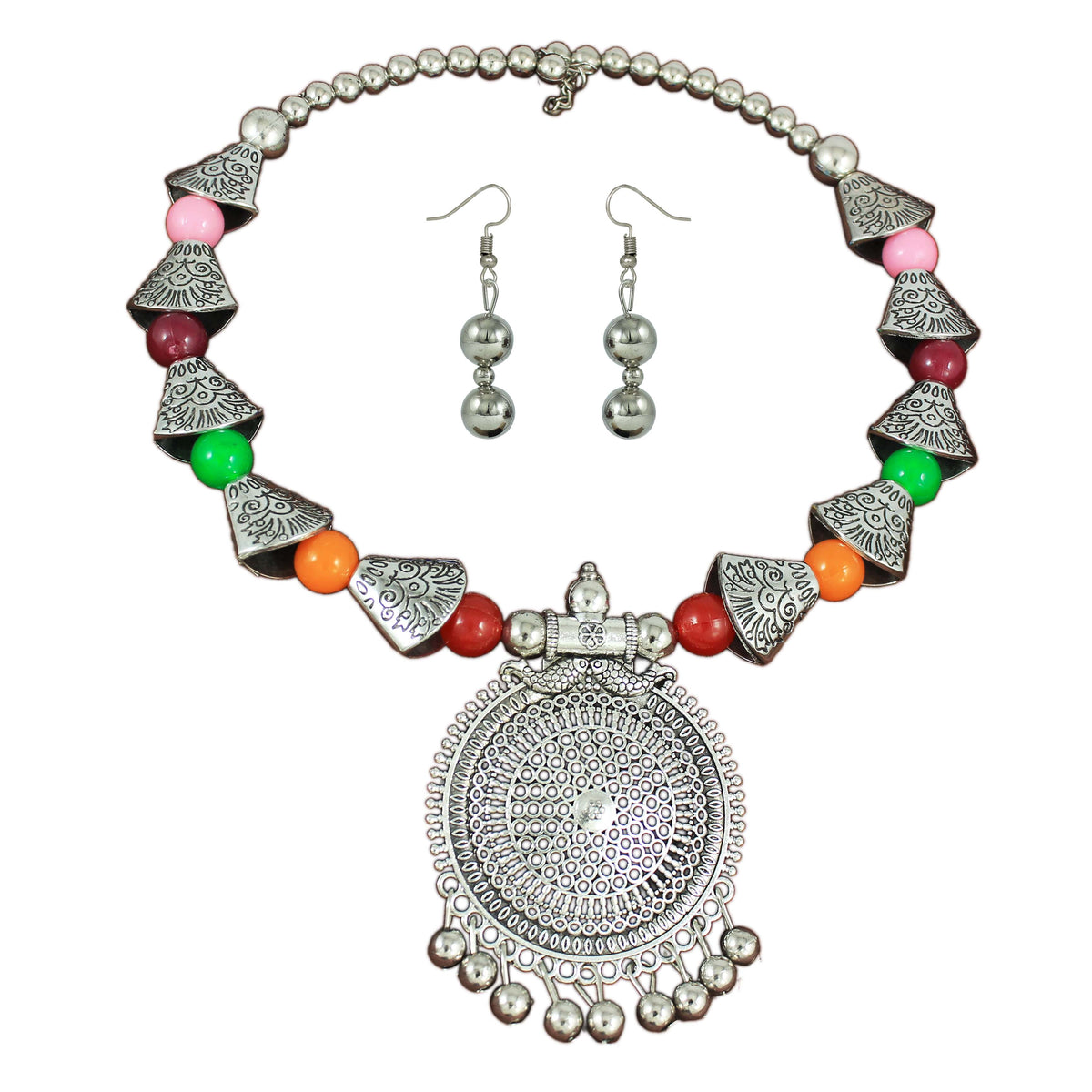 JFL - Jewellery for Less Handcrafted Oxidised Necklace Earrings Bracelet Set – Multicolour Beaded Ethnic Jewellery for Women & Girls – Navratri, Garba