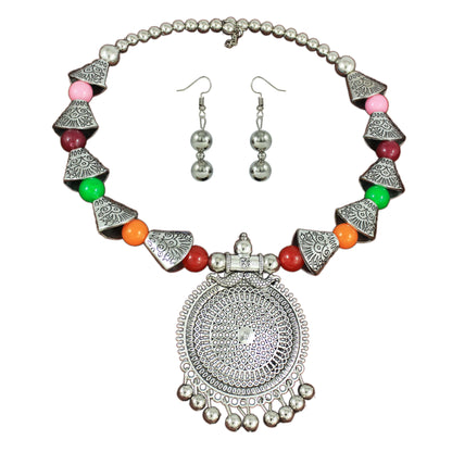 JFL - Jewellery for Less Handcrafted Oxidised Necklace Earrings Bracelet Set – Multicolour Beaded Ethnic Jewellery for Women & Girls – Navratri, Garba