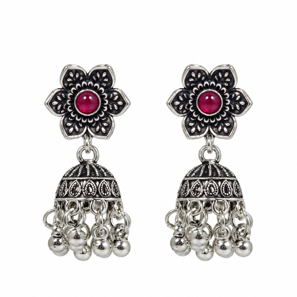 JFL - Jewellery for Less Oxidized German Silver Long Necklace Set with Earrings – Multicolor Stone Tassel Pendant Jewellery Set for Women & Girls, Traditional Ethnic Combo