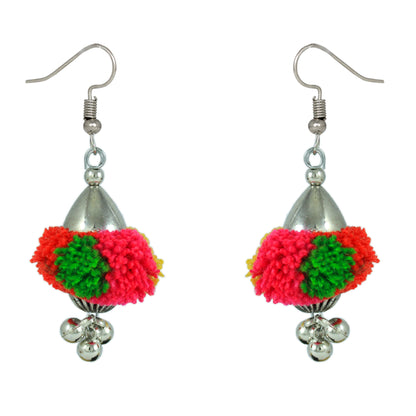 JFL - Jewellery for Less Navratri Special Oxidised Silver-Plated Multicolor Pom-Pom Beaded Necklace with Matching Earrings – Traditional Multicolor Thread Ethnic Jewellery Combo for Women & Girls