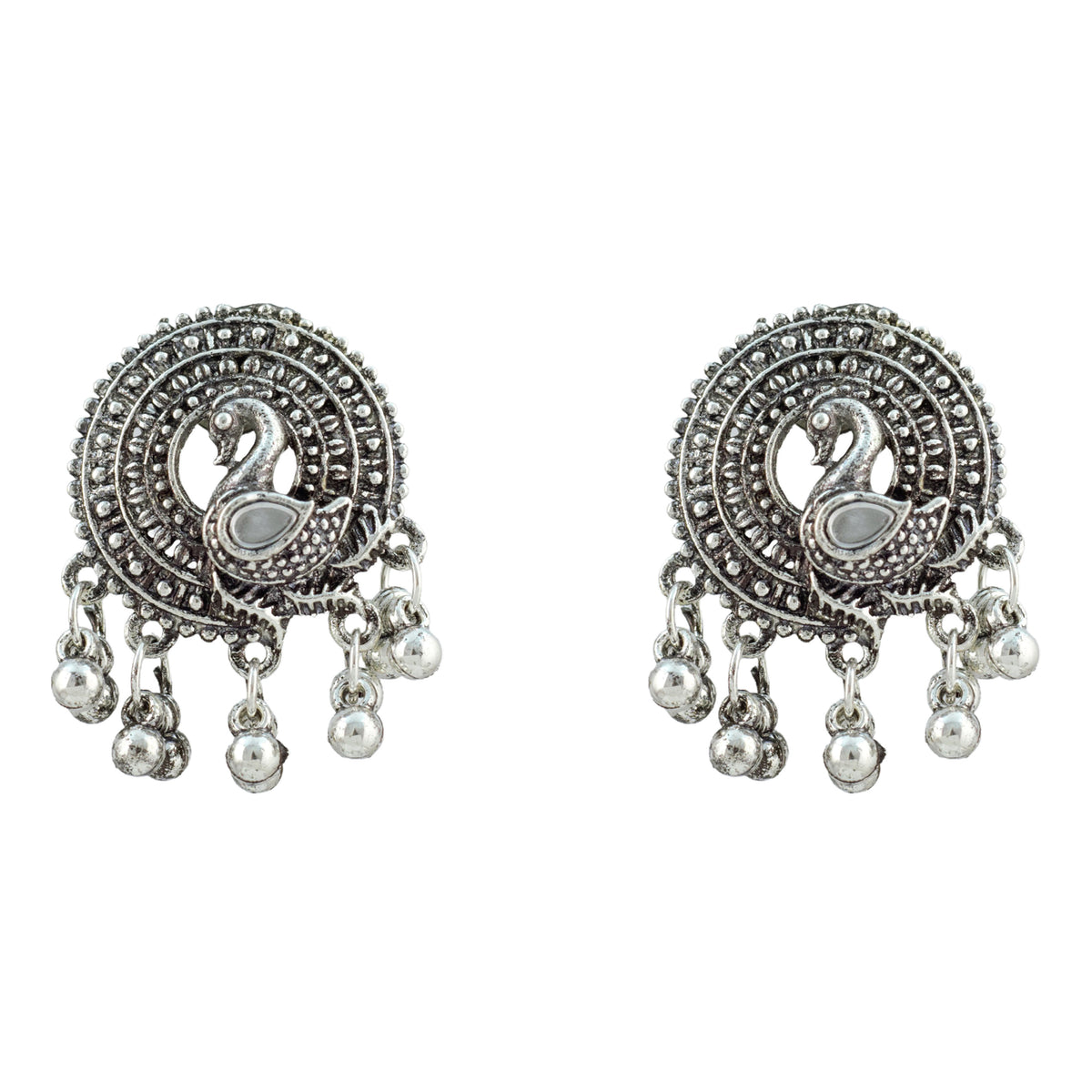 JFL - Jewellery for Less Oxidized German Silver Swan Pendant Necklace Set with Earrings – Mirror Work Choker on Black Thread for Women & Girls, Traditional Ethnic Jewellery Combo