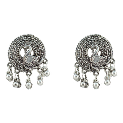 JFL - Jewellery for Less Oxidized German Silver Swan Pendant Necklace Set with Earrings – Mirror Work Choker on Black Thread for Women & Girls, Traditional Ethnic Jewellery Combo