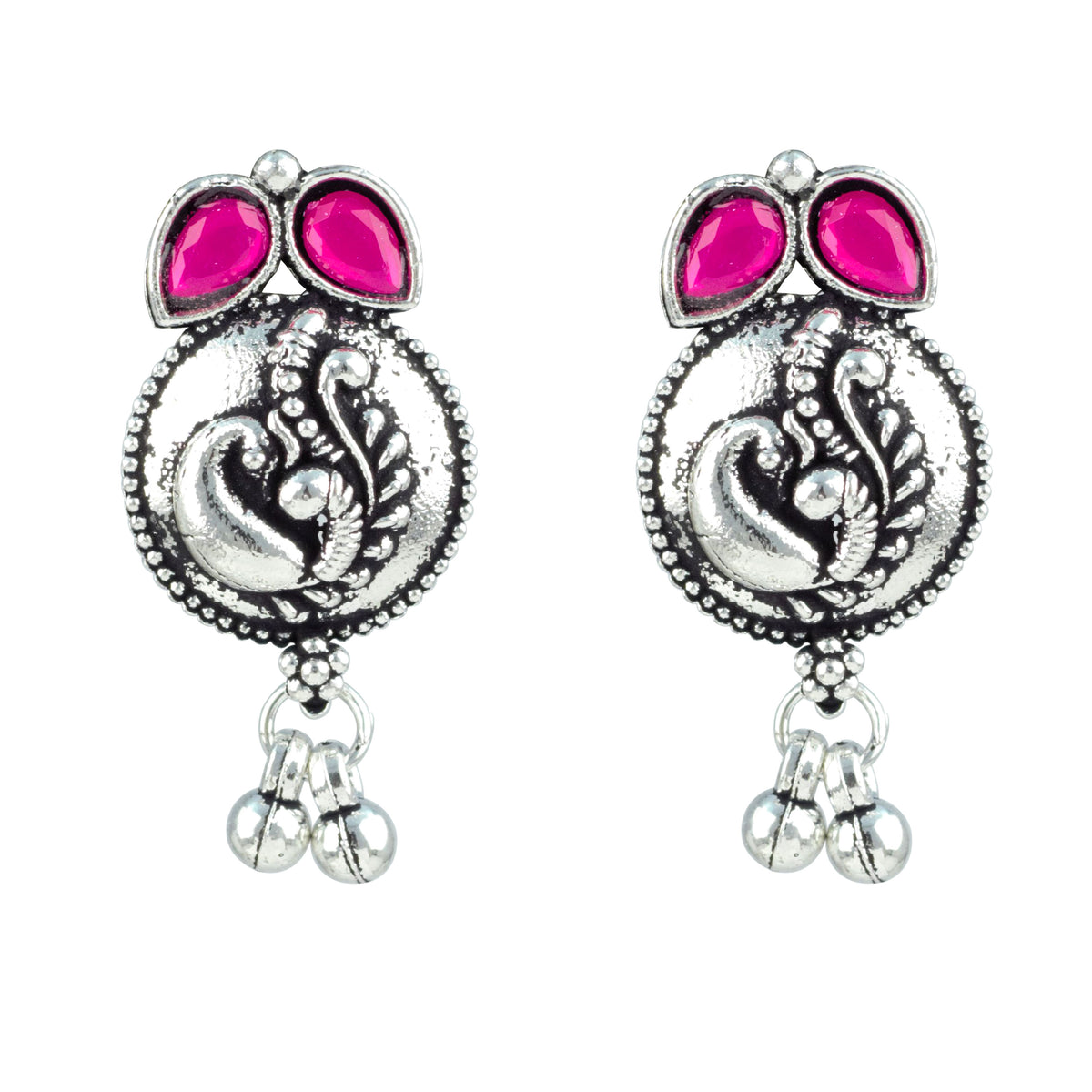JFL - Jewellery for Less Oxidized German Silver Navratri Necklace with Bracelet Set – Colorful Stone Peacock Design Pendant Jewellery Set for Women & Girls, Traditional Ethnic Antique Silver Combo