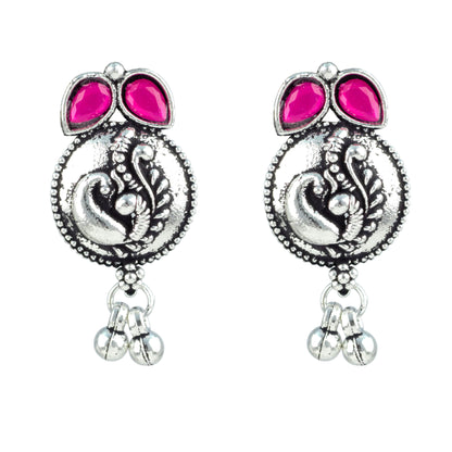 JFL - Jewellery for Less Oxidized German Silver Navratri Necklace with Bracelet Set – Colorful Stone Peacock Design Pendant Jewellery Set for Women & Girls, Traditional Ethnic Antique Silver Combo
