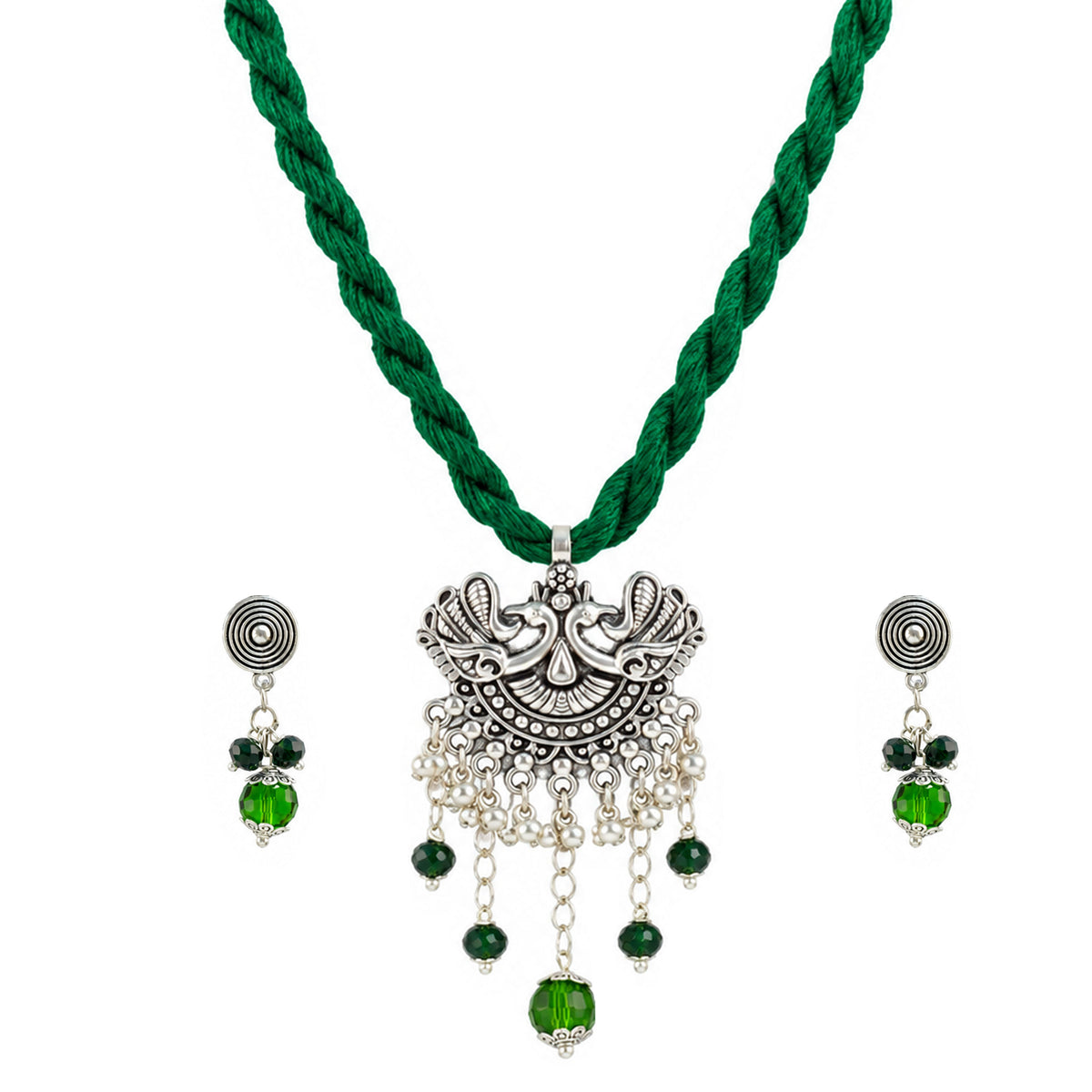 JFL - Jewellery for Less Oxidized Silver Peacock Pendant Green Thread Necklace Earrings with Bracelet Set – Green Bead Dangle Jewellery Set for Women & Girls