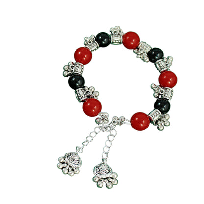 JFL-Jewellery for Less Red, Green & Black Cotton Thread Jewellery Set – Necklace, Earrings & Bracelet with Oxidised Silver Dome‑Shaped Jhumka Pendants & Bead Drops – Women & Girls – Navratri, Garba