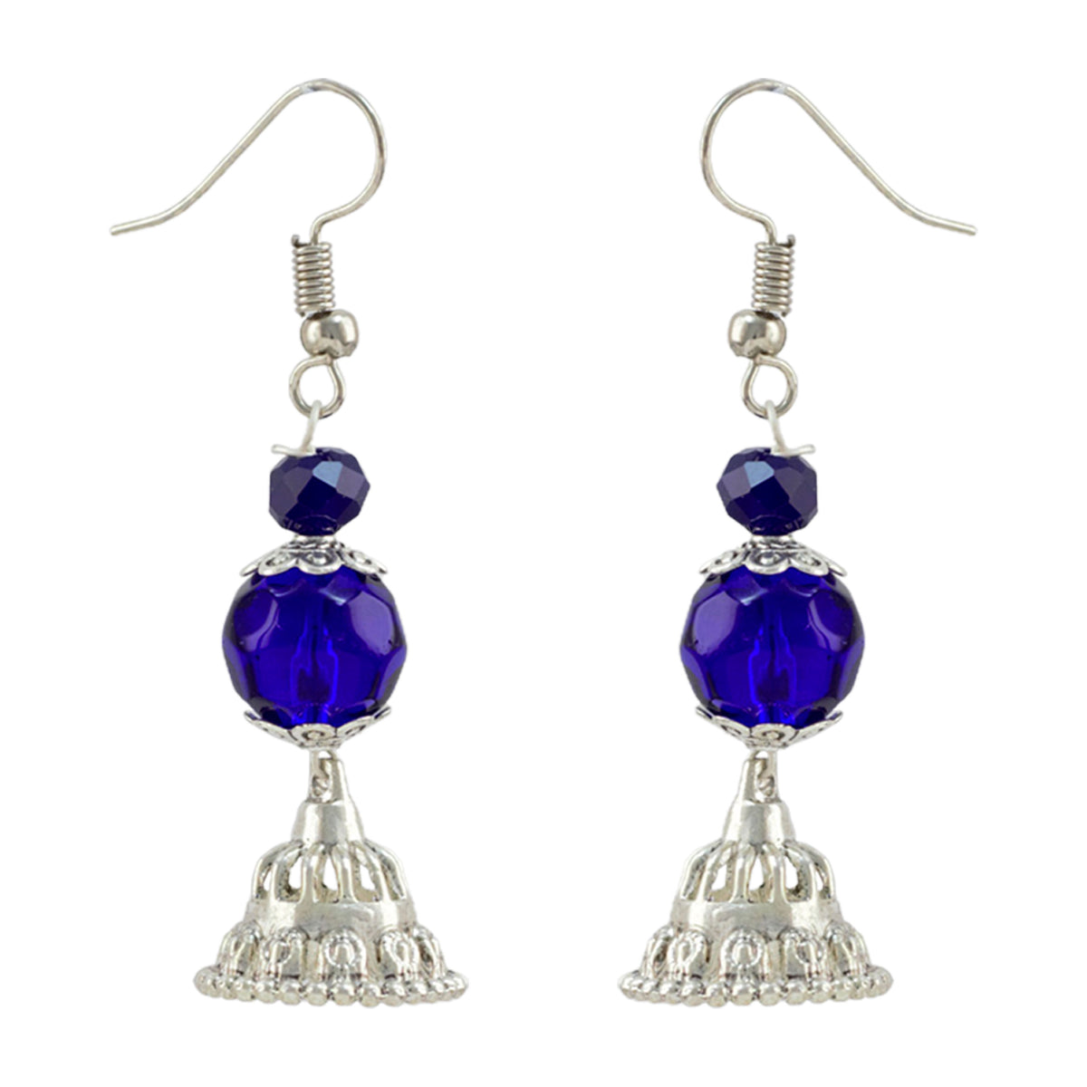 JFL - Jewellery for Less Oxidized German Silver Radha Krishna Pendant Necklace Set and Jhumki Earrings with Bracelet for Women | Royal Blue Beaded Traditional Ethnic Jewellery Set | Navratri Festive