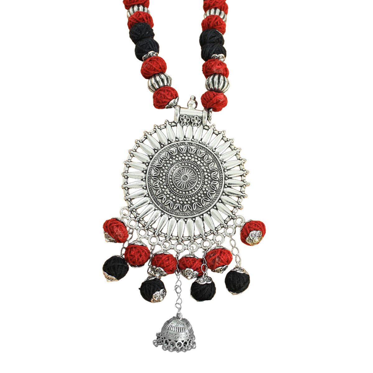 JFL‑Jewellery for Less Red & Black Cotton Thread Jewellery Set – Necklace,2 Pairs of Earrings with Oxidised Silver Circular Floral Pendant, Jhumka Danglers & Bead Drops –Navratri,Garba