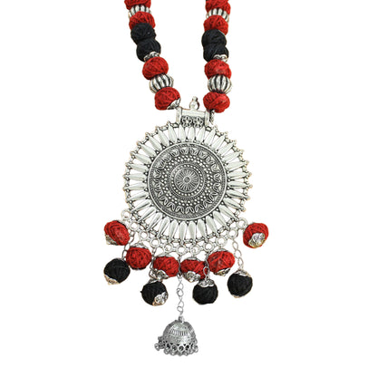 JFL‑Jewellery for Less Red & Black Cotton Thread Jewellery Set – Necklace,2 Pairs of Earrings with Oxidised Silver Circular Floral Pendant, Jhumka Danglers & Bead Drops –Navratri,Garba