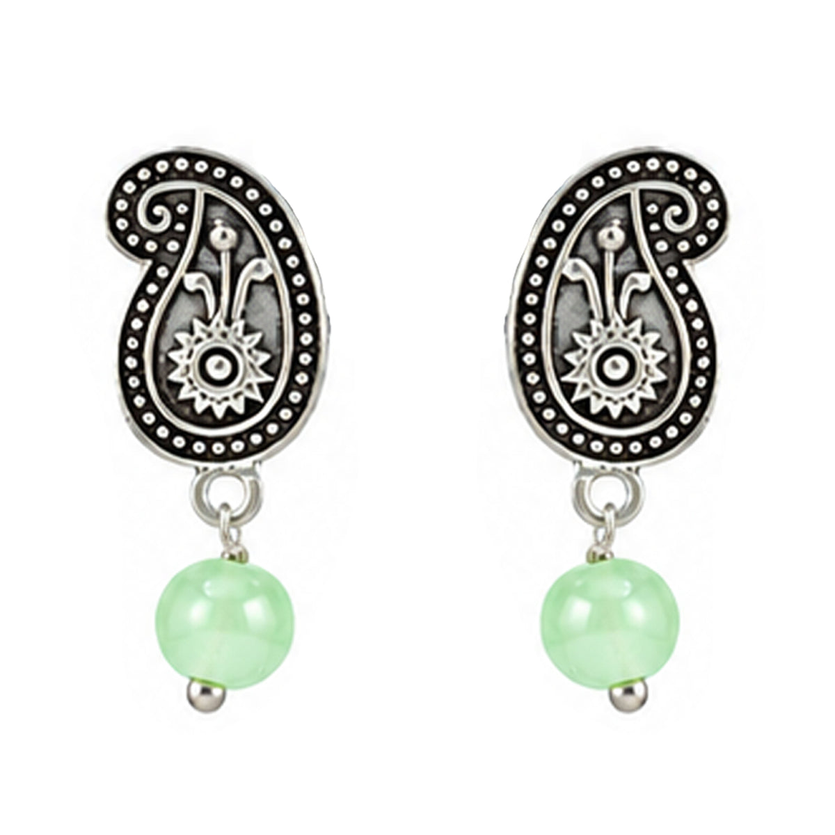 JFL - Jewellery for Less Oxidized Silver Floral Pendant Green Beaded Necklace Earrings with Bracelet Set – Paisley Design Jewellery Set for Women & Girls