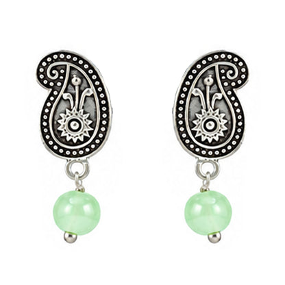 JFL - Jewellery for Less Oxidized Silver Floral Pendant Green Beaded Necklace Earrings with Bracelet Set – Paisley Design Jewellery Set for Women & Girls