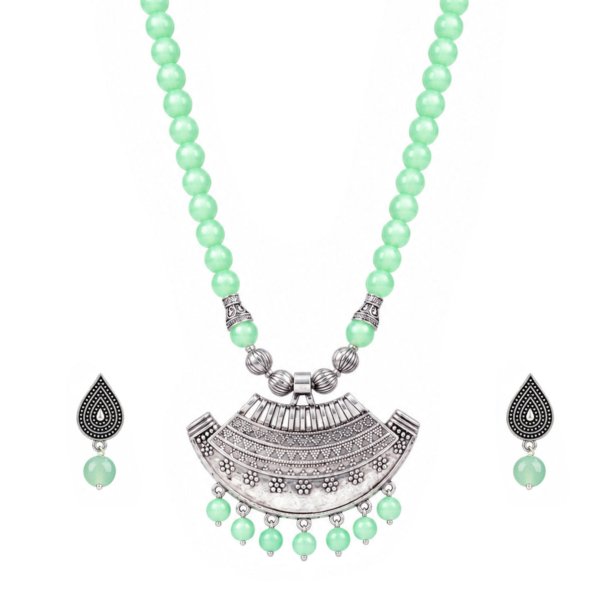 Oxidized German Silver Half Moon Pendant Necklace with Mint Green Beads and Matching Earrings & Bracelet – Navratri Special Traditional Jewellery Set for Women