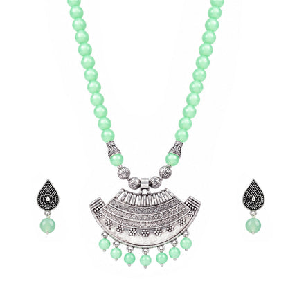 Oxidized German Silver Half Moon Pendant Necklace with Mint Green Beads and Matching Earrings & Bracelet – Navratri Special Traditional Jewellery Set for Women