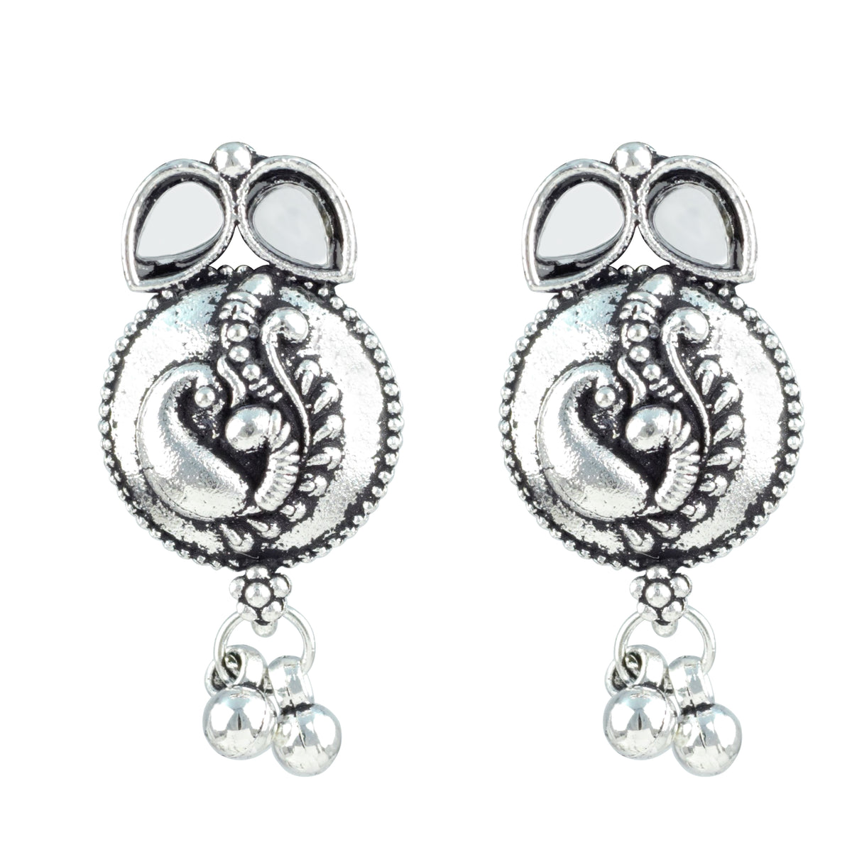 JFL - Jewellery for Less Oxidized German Silver Necklace Set with Mirror Stone Drops – Peacock Design Antique Silver Choker Jewellery Set for Women & Girls, Traditional Ethnic Wear