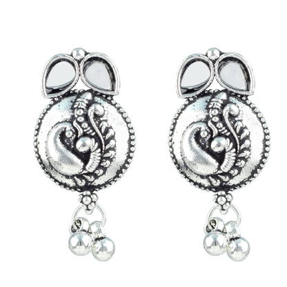 JFL - Jewellery for Less Oxidized German Silver Necklace Set with Mirror Stone Drops – Peacock Design Antique Silver Choker Jewellery Set for Women & Girls, Traditional Ethnic Wear