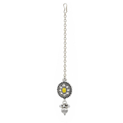 JFL - Jewellery for Less Oxidized German Silver Necklace Set with Earrings – Round Motif Multicolor Stone Choker Jewellery Set for Women & Girls, Traditional Ethnic Antique Silver Combo
