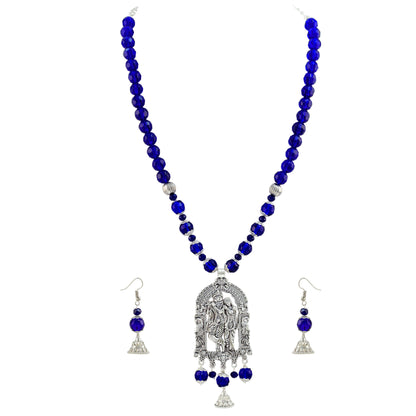 JFL - Jewellery for Less Oxidized German Silver Radha Krishna Pendant Necklace Set and Jhumki Earrings with Bracelet for Women | Royal Blue Beaded Traditional Ethnic Jewellery Set | Navratri Festive