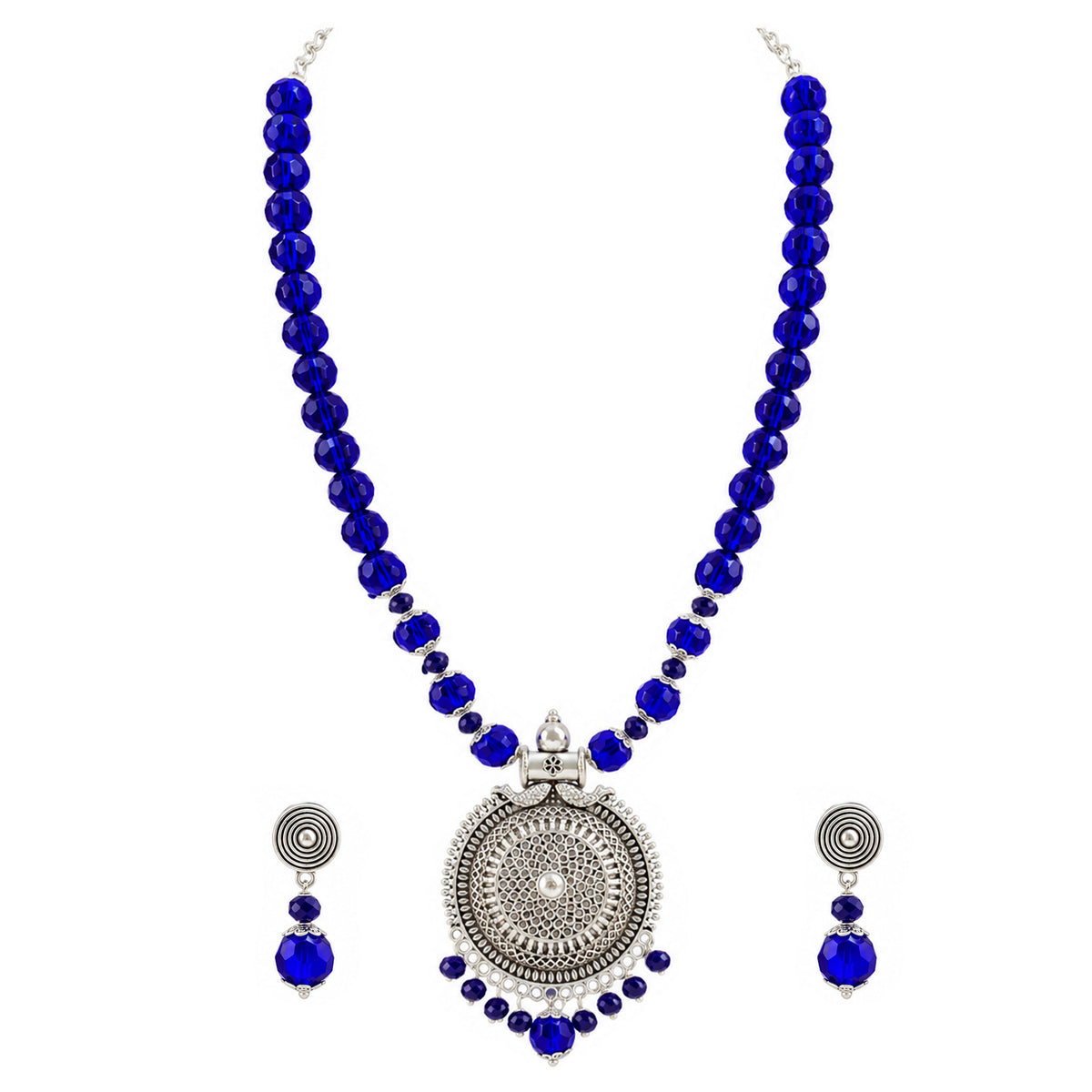 JFL - Jewellery for Less Oxidized German Silver Round Pendant Royal Blue Beads Necklace with Earrings Set for Women | Antique Silver Filigree Design Jewellery Set | Navratri Special Traditional Jewellery