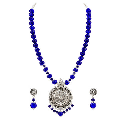 JFL - Jewellery for Less Oxidized German Silver Round Pendant Royal Blue Beads Necklace with Earrings Set for Women | Antique Silver Filigree Design Jewellery Set | Navratri Special Traditional Jewellery