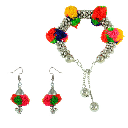 JFL - Jewellery for Less Navratri Special Oxidised Silver-Plated Multicolor Pom-Pom Beaded Necklace with Matching Earrings – Traditional Multicolor Thread Ethnic Jewellery Combo for Women & Girls
